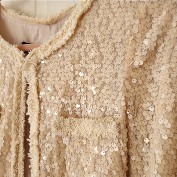 Zara Cream All Over Sequin Open Front Contrasting Trim Jacket - Picture 4 of 7
